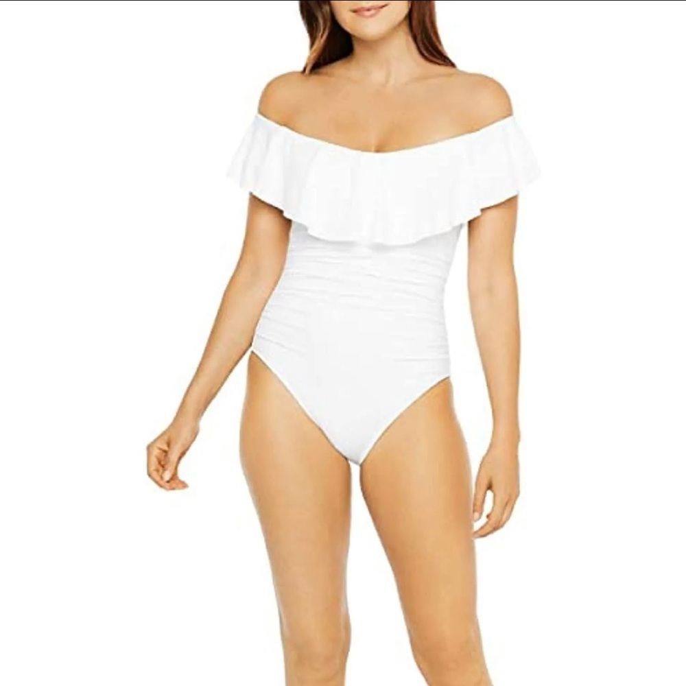 La Blanca Goddess Off Shoulder Ruffle One Piece Swimsuit White Size 8
